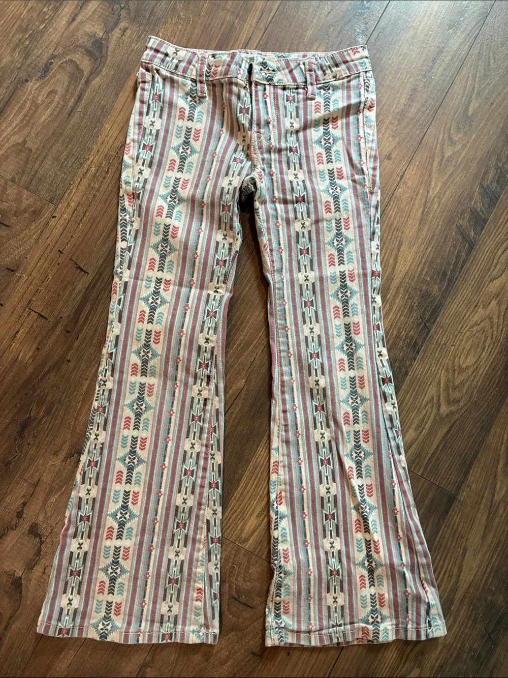 Girl’s Rock & Roll Denim Aztec Print Flared Pants in Cream, Coral & Teal